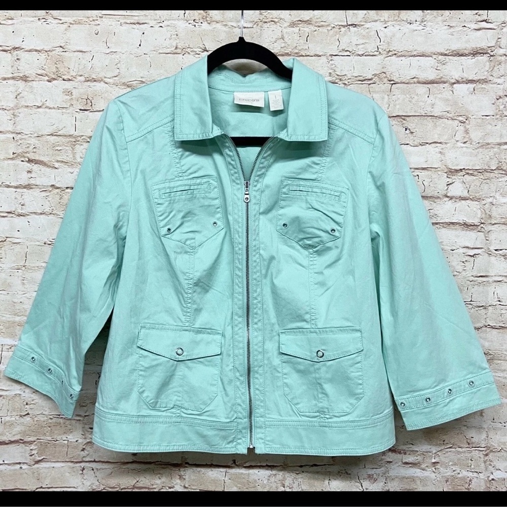 Chicos Womens Zip-Up Summer Jacket Size 1 (M) 3/4 Sleeve Rib Inset Iced Mint NWT - Picture 3 of 8